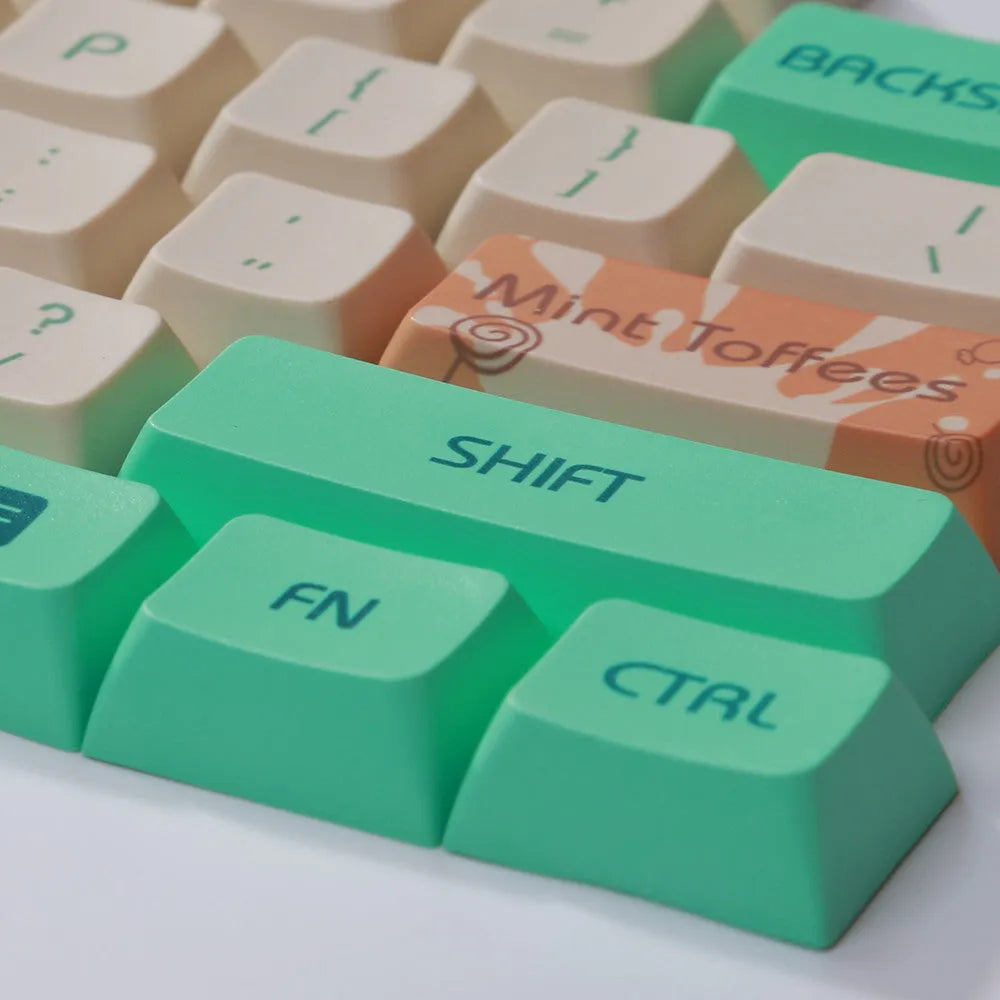 Mint Toffee colour PBT keycap set with XDA profile and sublimation printed legends for wireless mechanical keyboards