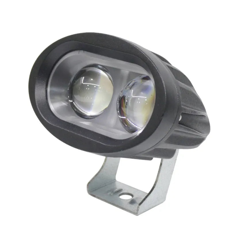Direct selling motorcycle LED spotlight with aluminium housing in white and yellow light options on dark background