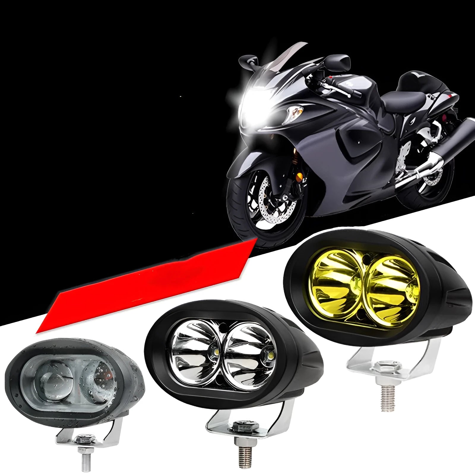 Direct selling motorcycle LED spotlight with aluminium housing in white and yellow light options on dark background