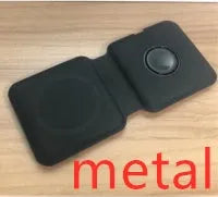 White foldable magnetic wireless charging dock with a phone attached and earbud case on the base.
