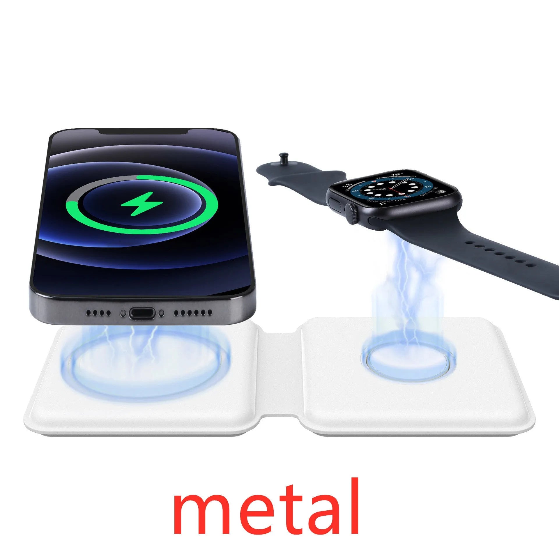 White foldable magnetic wireless charging dock with a phone attached and earbud case on the base.