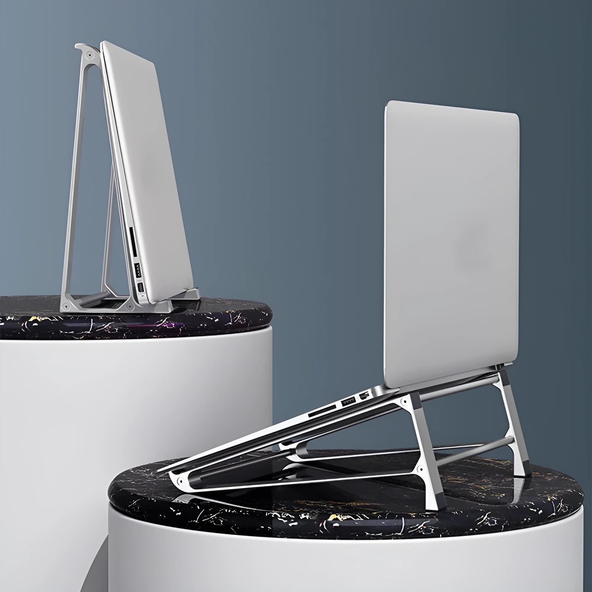 Aluminium alloy multifunctional notebook computer stand with tablet and phone holders in dark gray