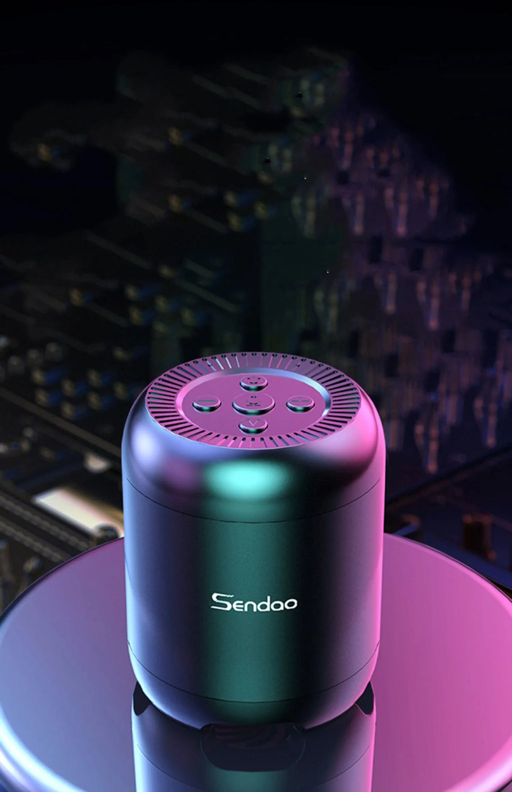 Small black wireless Bluetooth speaker with super subwoofer showing USB port and card reader slot