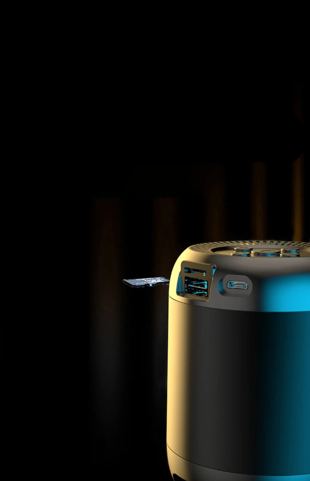 Small black wireless Bluetooth speaker with super subwoofer showing USB port and card reader slot