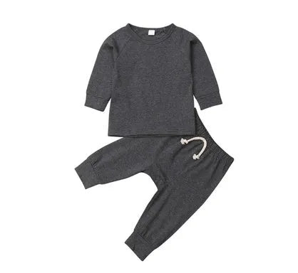 Blue cotton baby romper and tracksuit set with cartoon pattern for age 0-24 months.