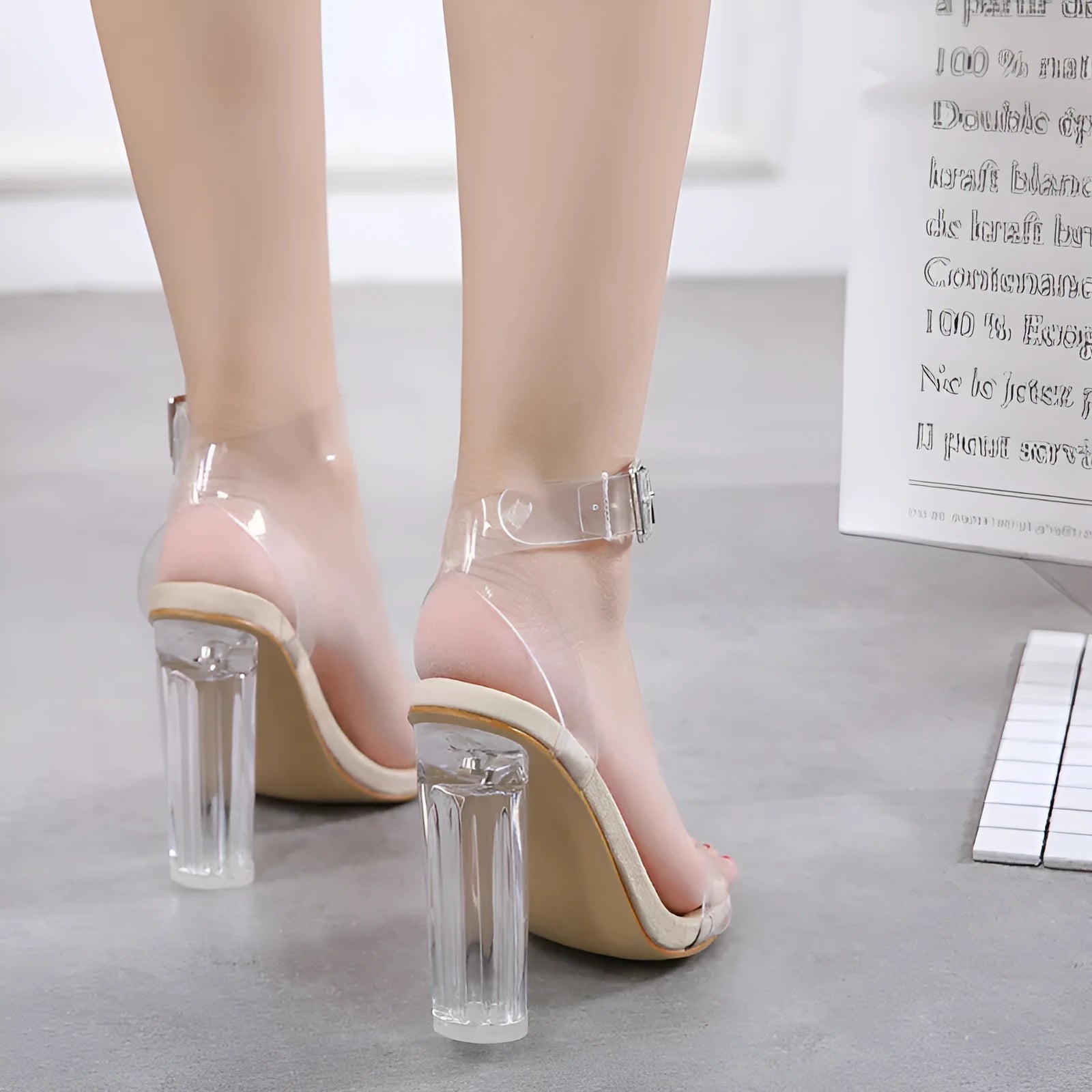 Transparent high heel pumps in apricot colour for women, round toe, artificial PU upper, sizes 35 to 42