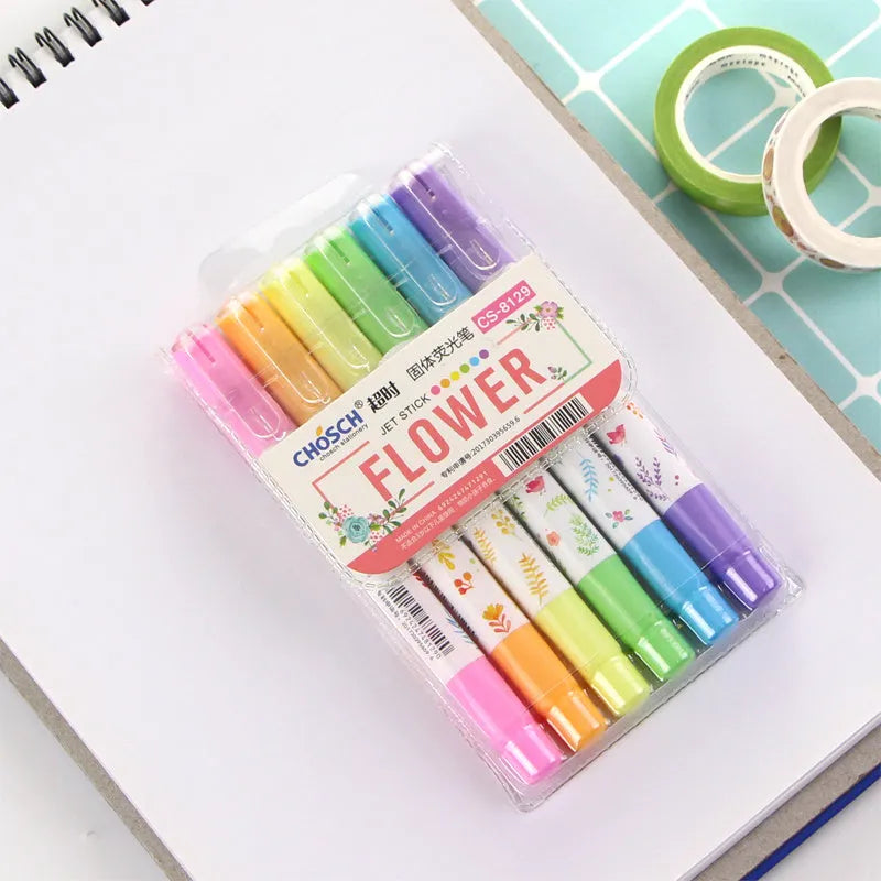 Set of six solid highlighter marker pens with round tips, shown in a connected interlocking design.