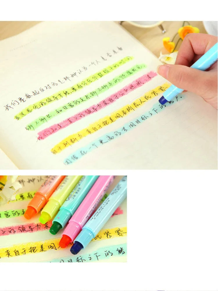Set of six solid highlighter marker pens with round tips, shown in a connected interlocking design.