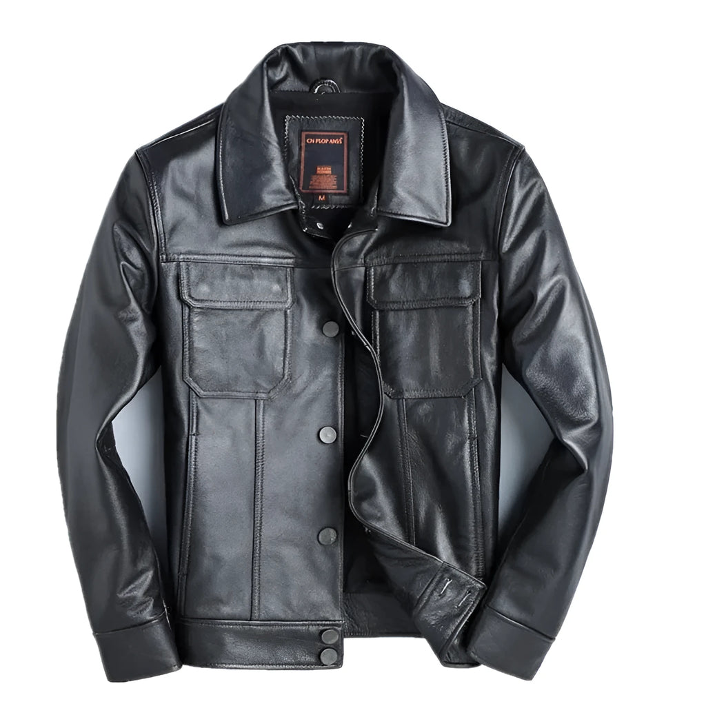 Men's short slim top layer cowhide leather jacket with lapel collar zipper front black business casual style side seam pockets