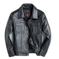 Men's short slim top layer cowhide leather jacket with lapel collar zipper front black business casual style side seam pockets