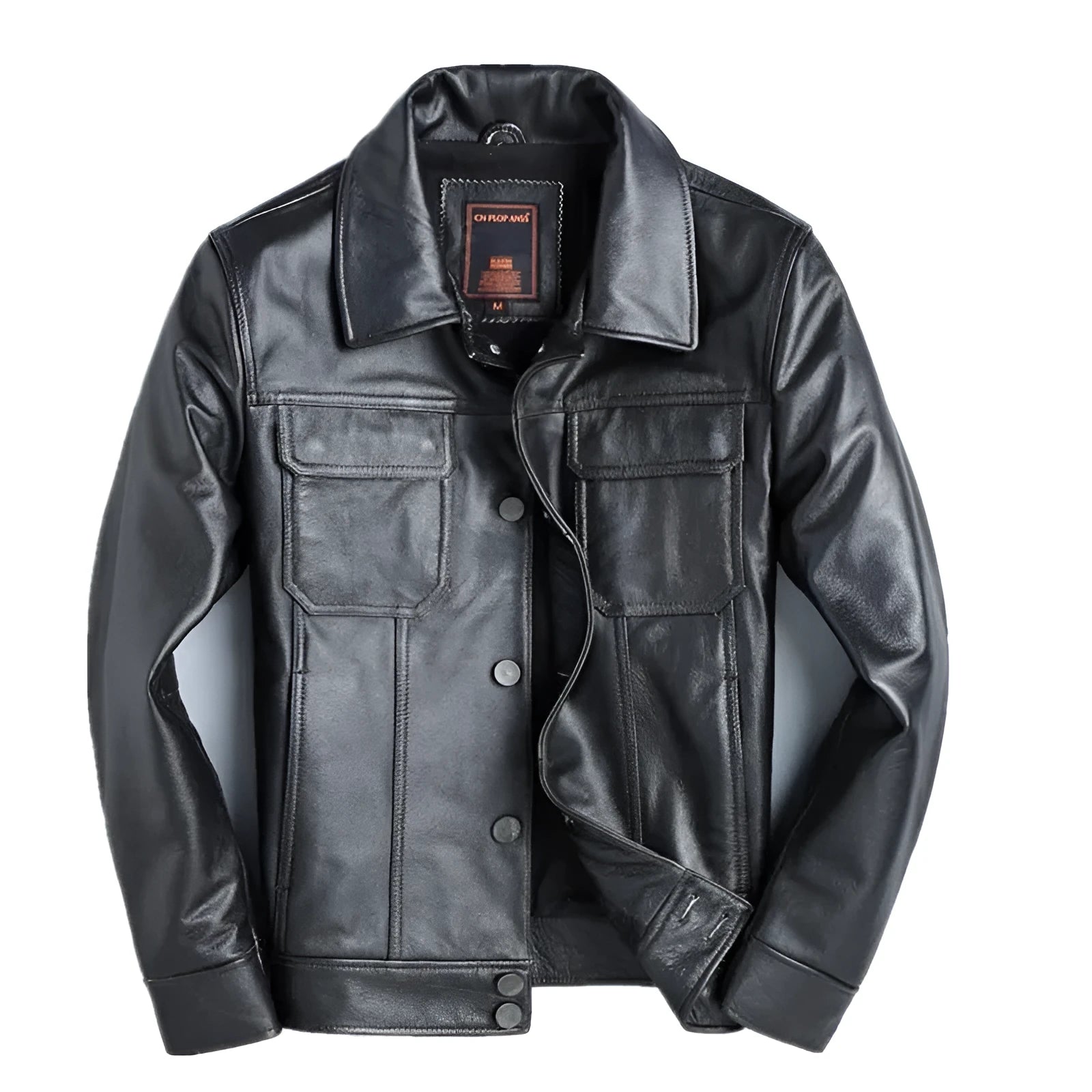 Men's short slim top layer cowhide leather jacket with lapel collar zipper front black business casual style side seam pockets