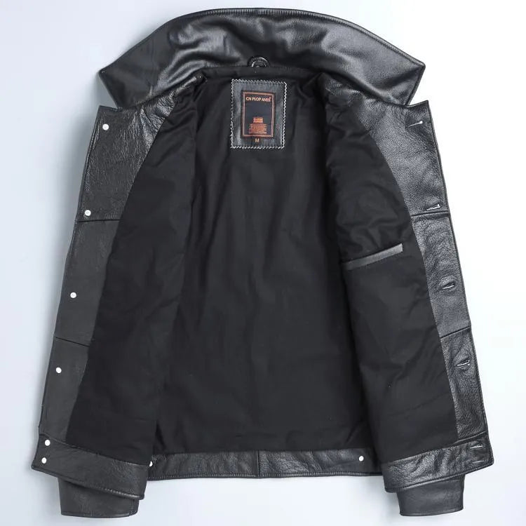 Men's short slim top layer cowhide leather jacket with lapel collar zipper front black business casual style side seam pockets