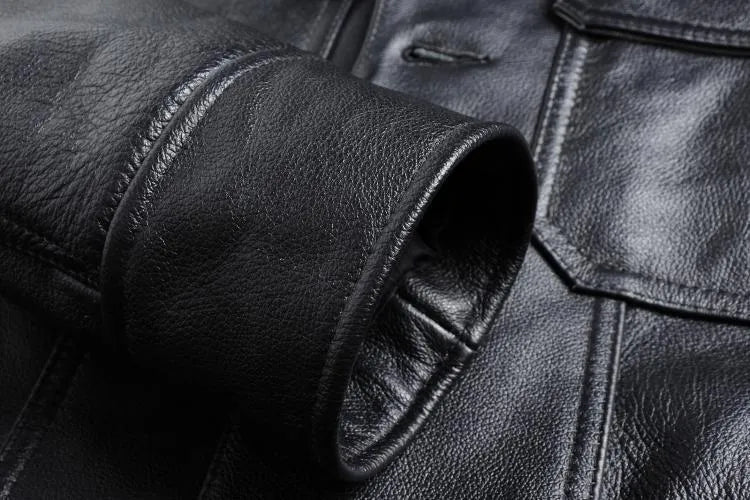 Men's short slim top layer cowhide leather jacket with lapel collar zipper front black business casual style side seam pockets