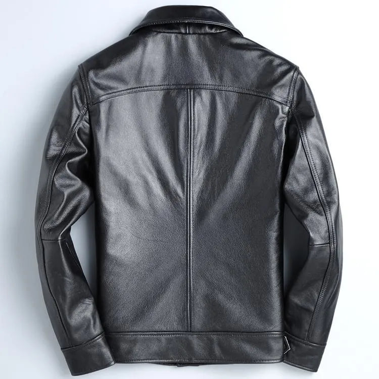 Men's short slim top layer cowhide leather jacket with lapel collar zipper front black business casual style side seam pockets