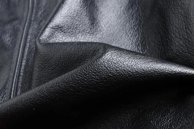 Men's short slim top layer cowhide leather jacket with lapel collar zipper front black business casual style side seam pockets
