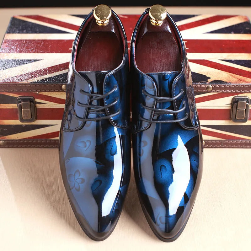 Men's casual shoes in blue with hollow bovine split leather upper and viscose sole, side view