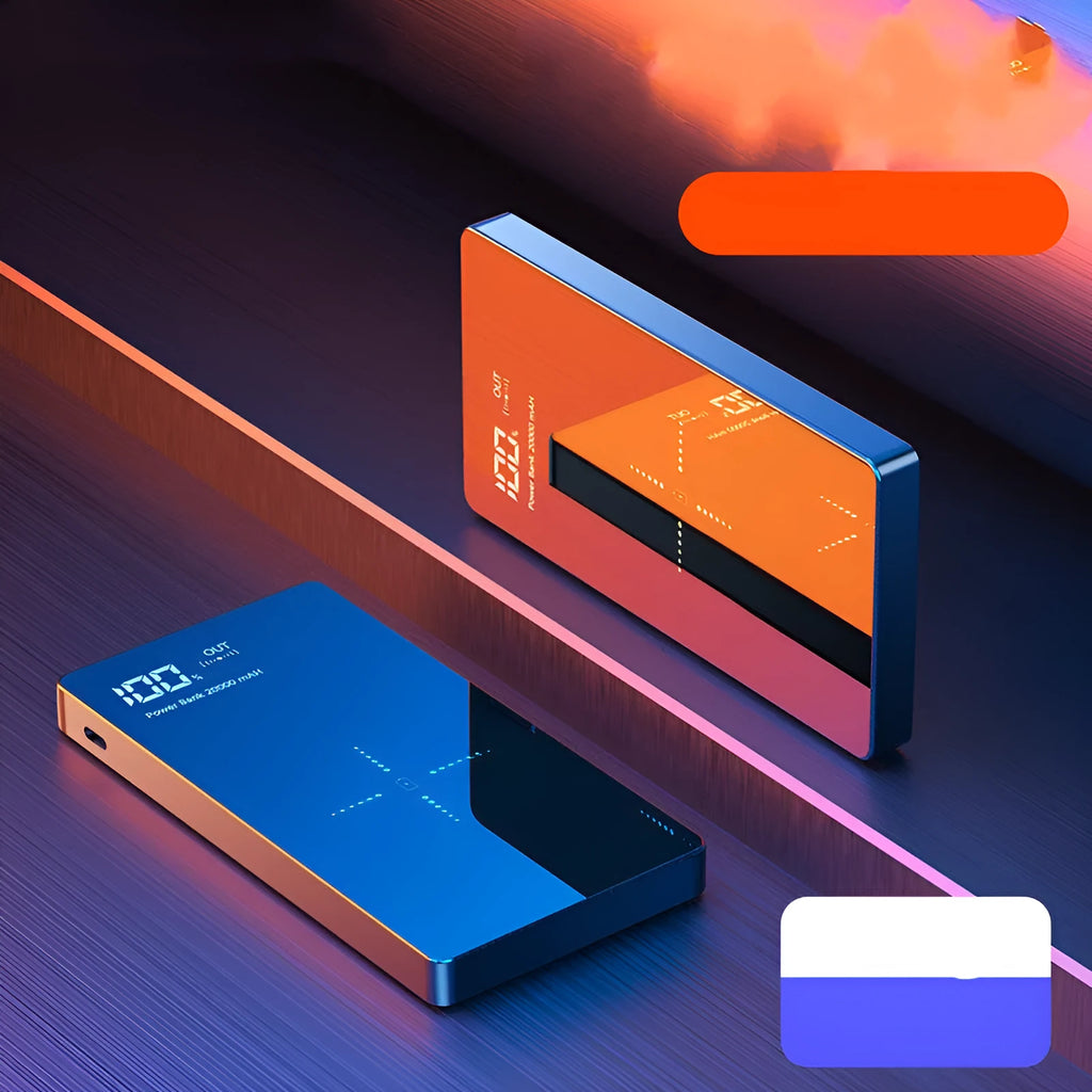 Black wireless power bank with digital display showing battery percentage and two USB charging ports