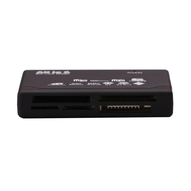 Black multi-format USB card reader measuring 67x40x12mm, supporting SD, CF, MMC, and MS memory cards