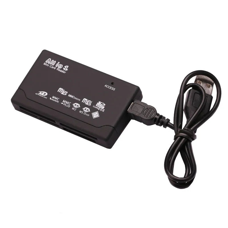Black multi-format USB card reader measuring 67x40x12mm, supporting SD, CF, MMC, and MS memory cards
