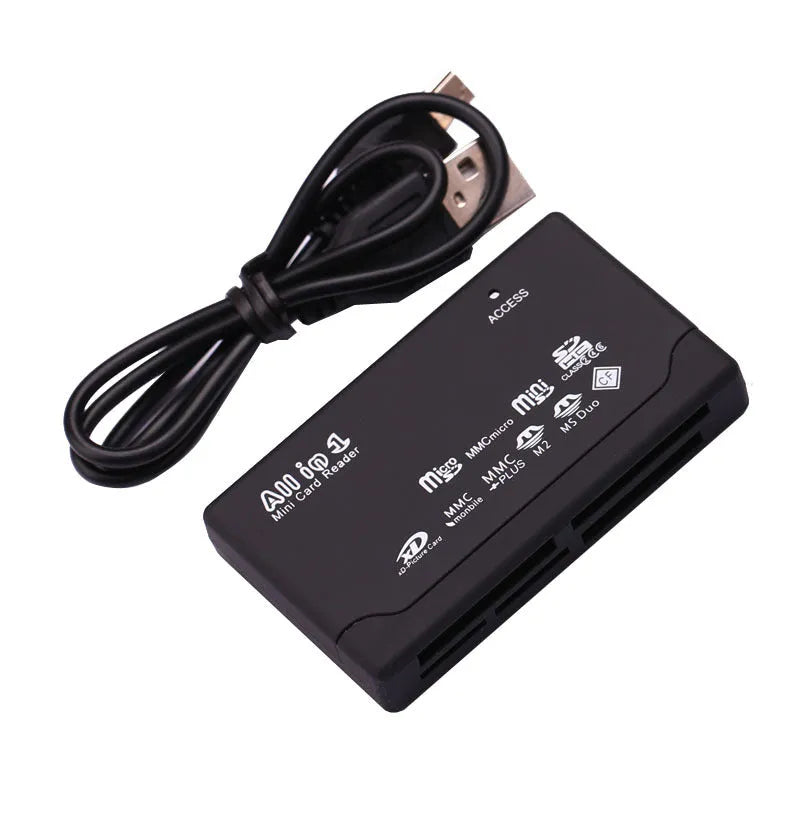 Black multi-format USB card reader measuring 67x40x12mm, supporting SD, CF, MMC, and MS memory cards