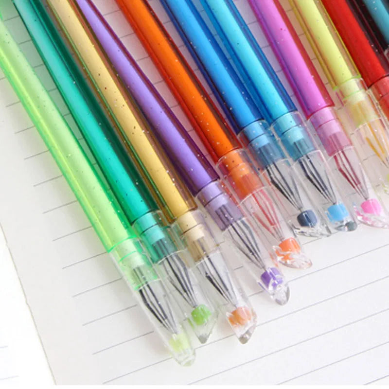 Cute feather peacock colour gel pen set with 12 different coloured pens showing 0.5mm tips