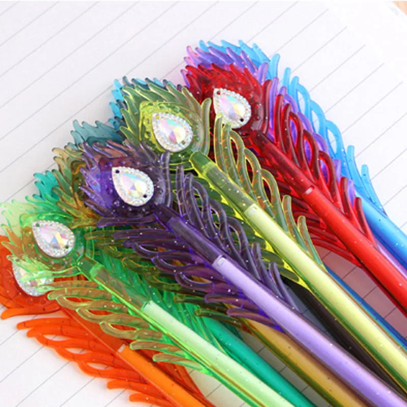 Cute feather peacock colour gel pen set with 12 different coloured pens showing 0.5mm tips