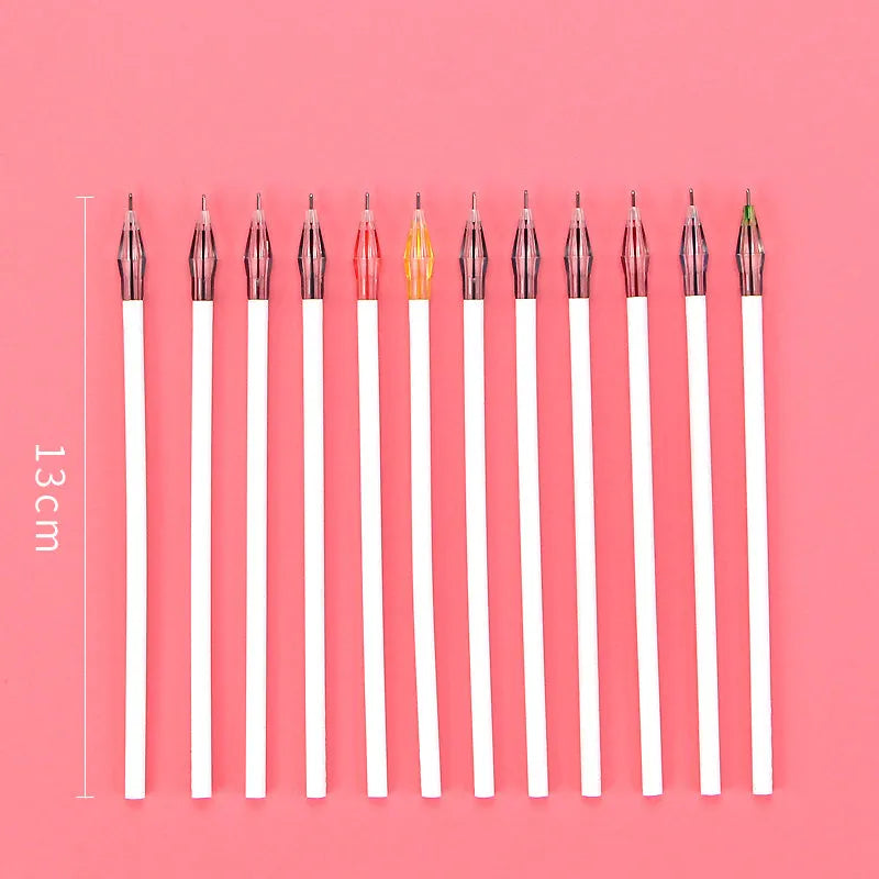 Cute feather peacock colour gel pen set with 12 different coloured pens showing 0.5mm tips