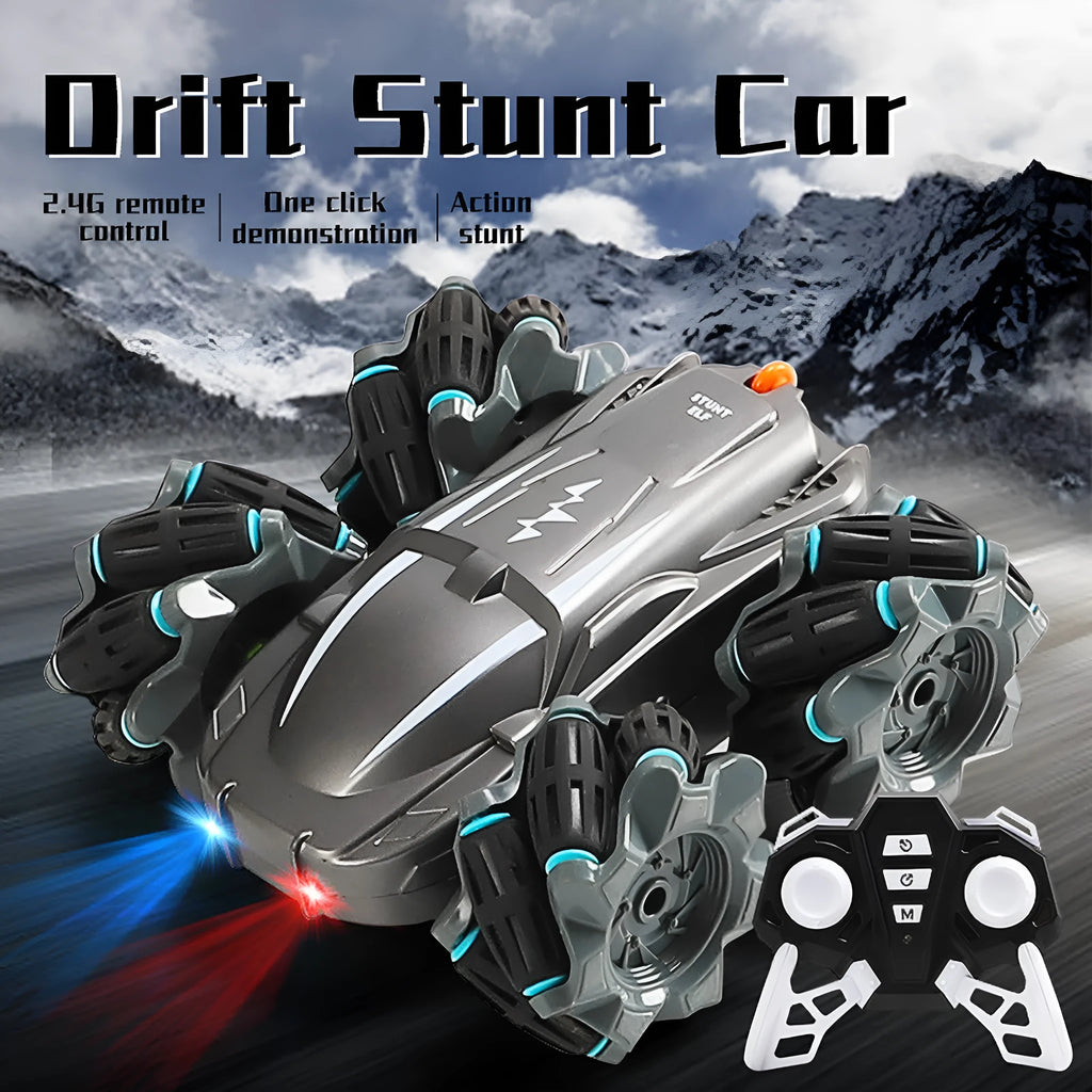 Black wireless remote control stunt car with Mecanum wheels, 360-degree rotation feature, and 4WD design on a surface