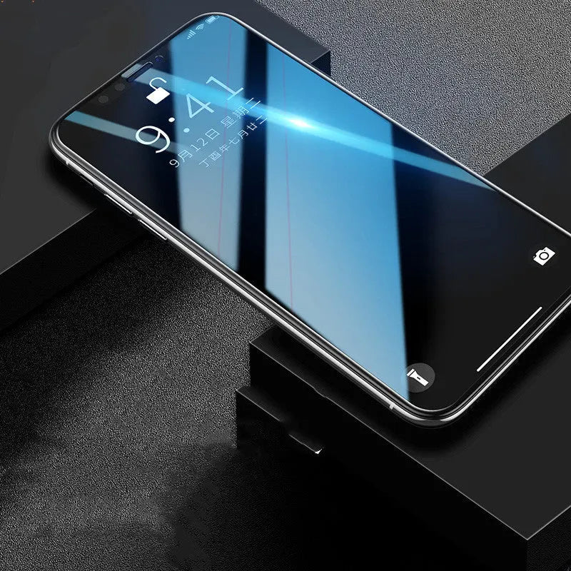 Tempered glass screen protector for iPhone in black, transparent, or white.