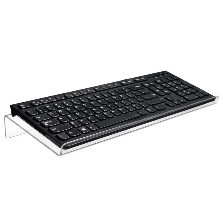 Transparent acrylic tilting keyboard stand for ergonomic typing, 43.2x14x4 cm size on a desk
