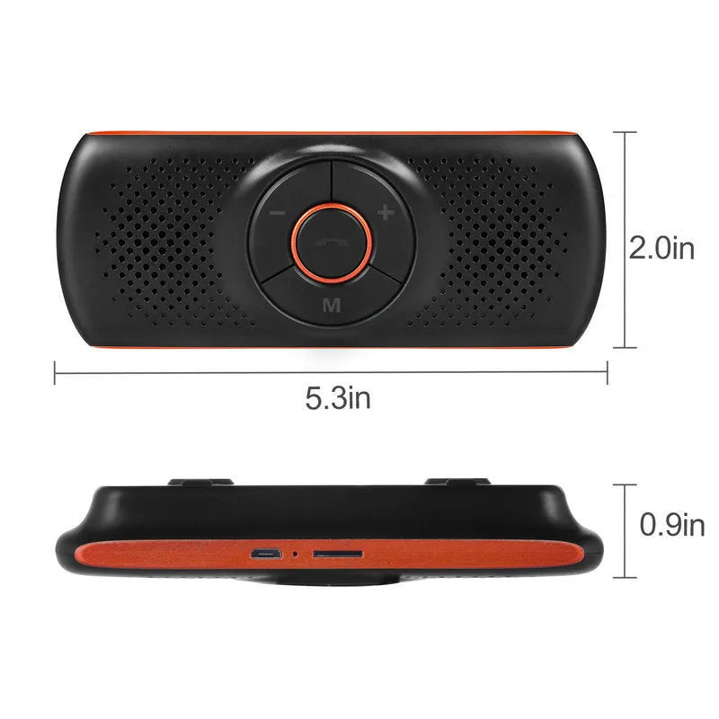 Orange plastic Bluetooth hands-free car speaker kit mounted on a sun visor.