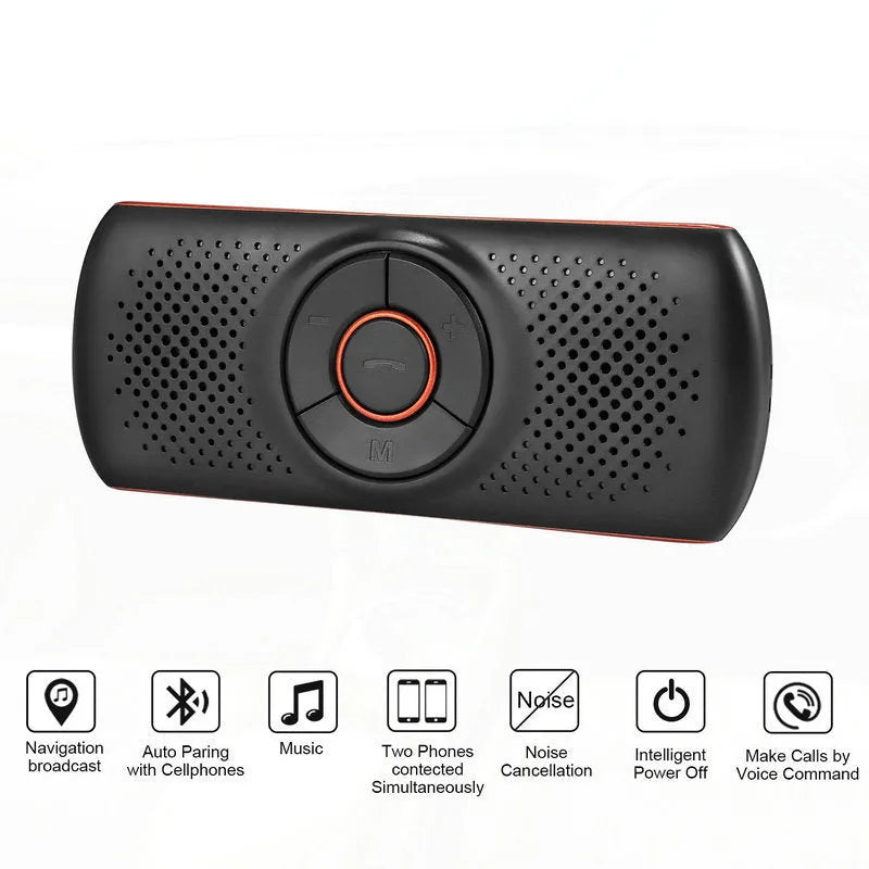 Orange plastic Bluetooth hands-free car speaker kit mounted on a sun visor.