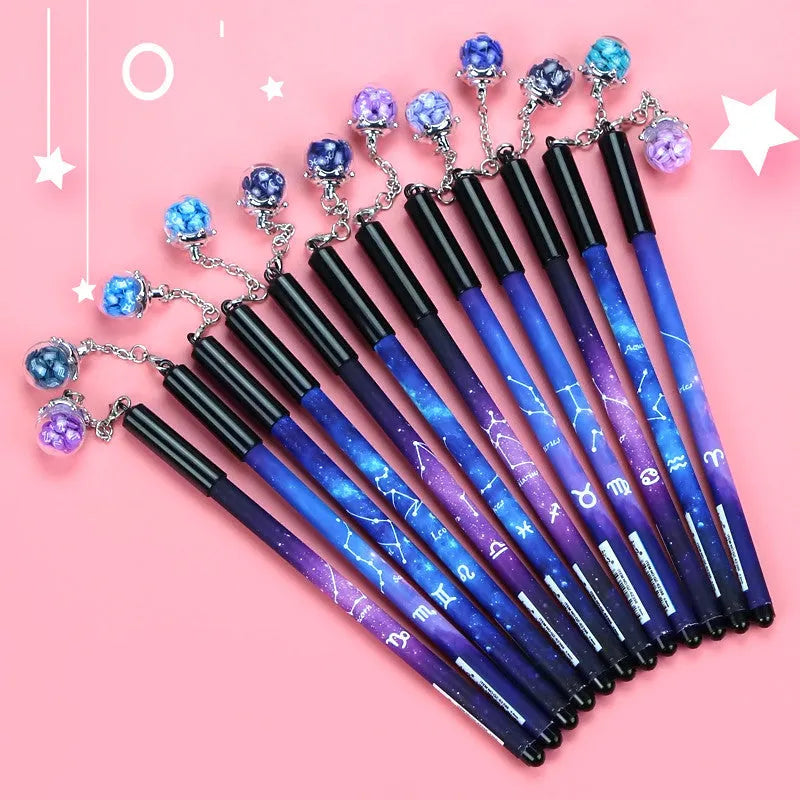Constellation themed 12-piece gel pen set showing five decorative styles with 0.5mm needle tube tips