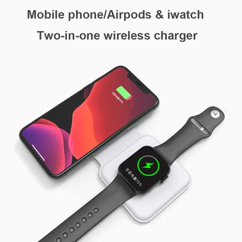 White foldable magnetic wireless charging dock with a phone attached and earbud case on the base.