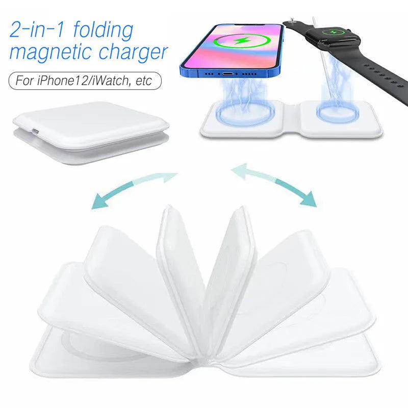 White foldable magnetic wireless charging dock with a phone attached and earbud case on the base.