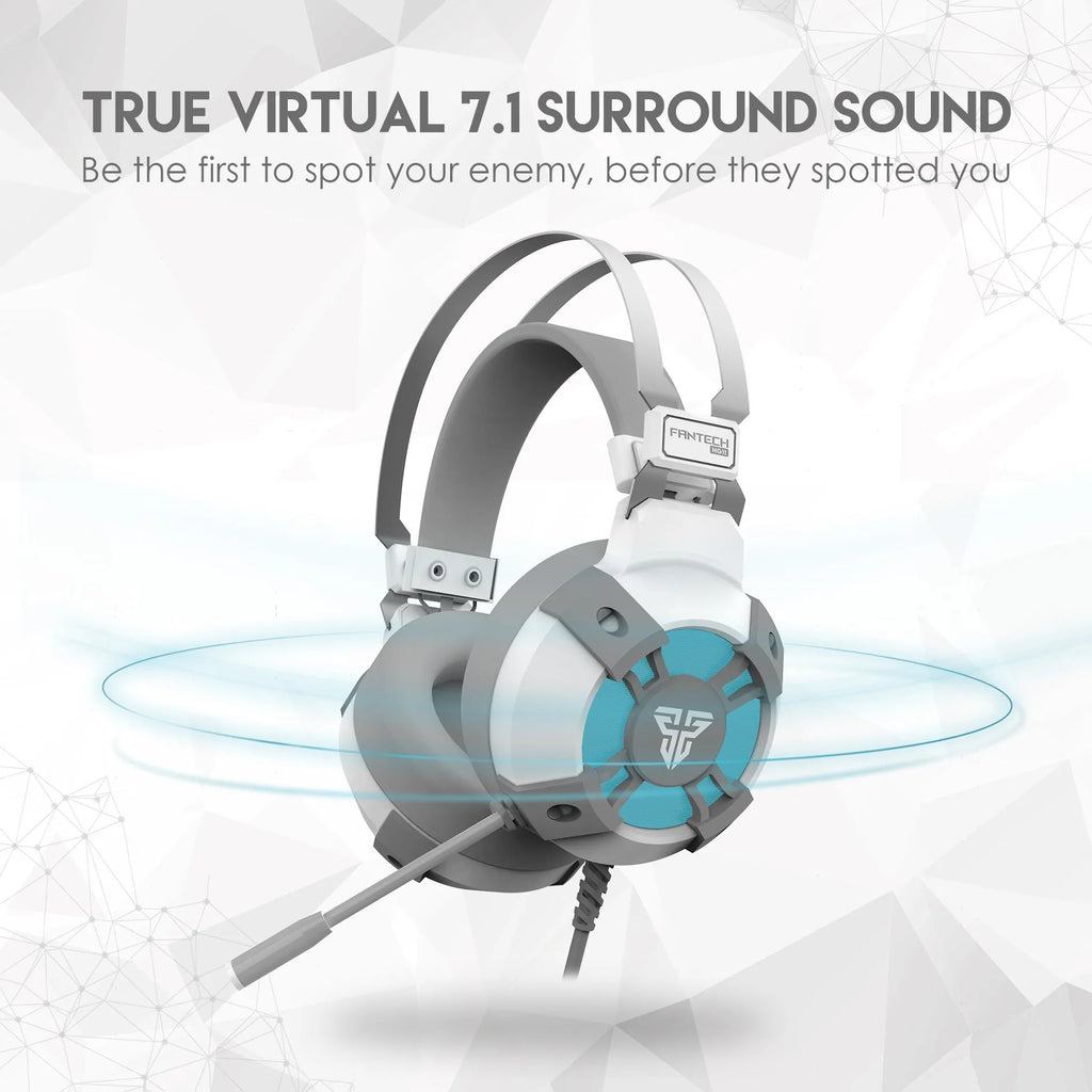 Black FANTECH HG11 USB gaming headset with RGB lights on earcups and an adjustable microphone.
