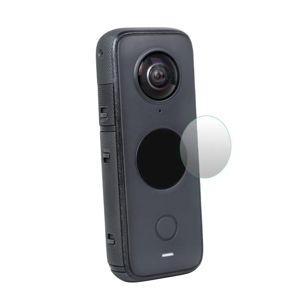 Black tempered glass screen protector for Insta360 ONE X2 action camera.