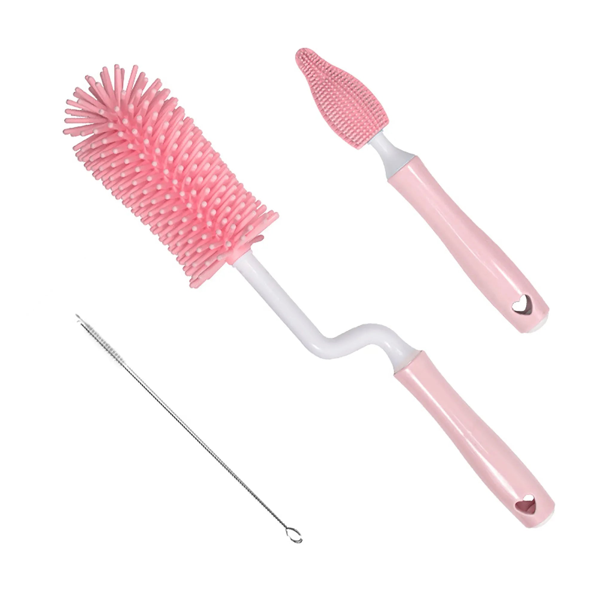 Three silicone baby bottle brushes in pink, blue, and yellow colours including a straw cleaning brush.