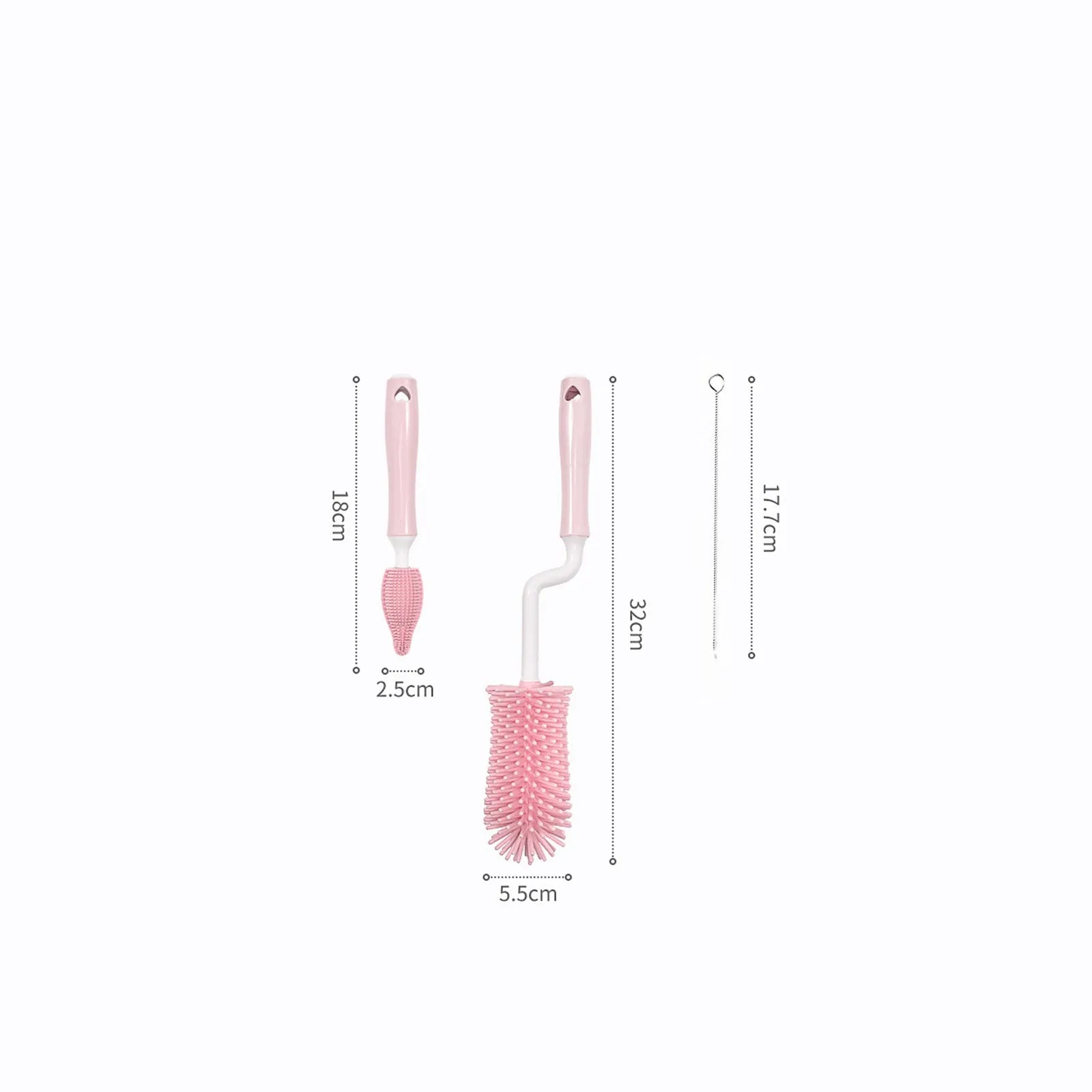 Three silicone baby bottle brushes in pink, blue, and yellow colours including a straw cleaning brush.