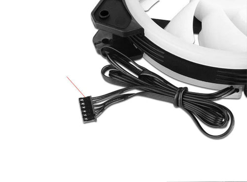 Camouflage patterned 12cm PC case fan with glowing RGB lights on the blades.
