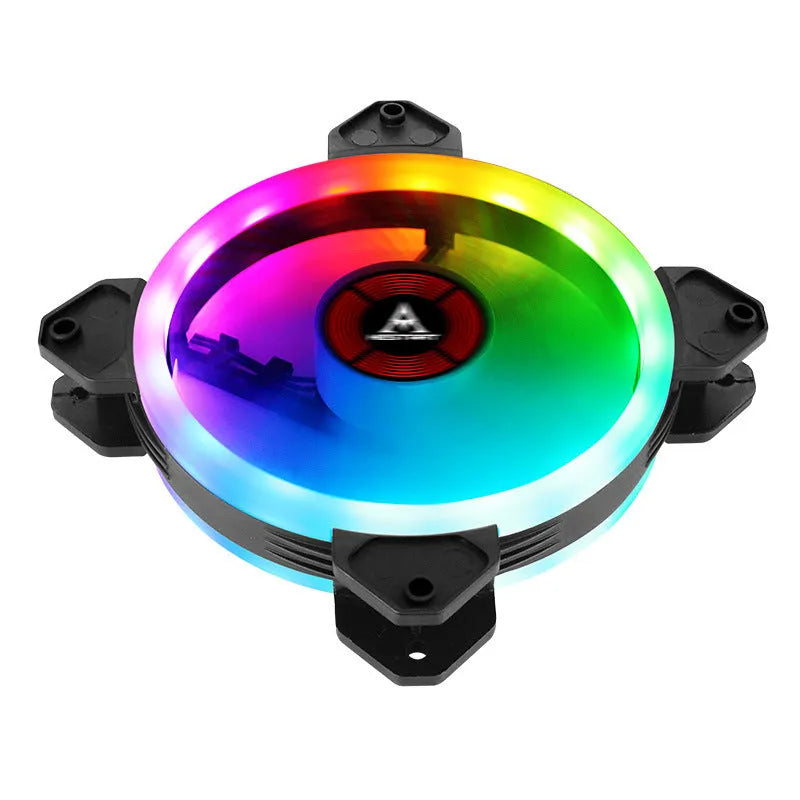 Camouflage patterned 12cm PC case fan with glowing RGB lights on the blades.