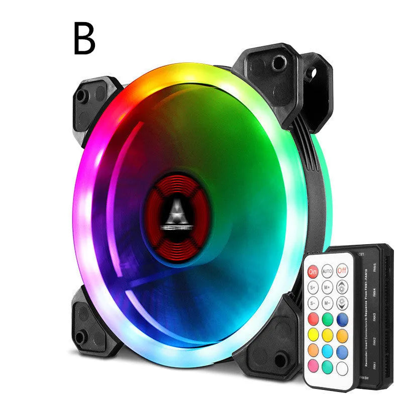Camouﬂage patterned 12cm PC chassis cooling fan with illuminated RGB LEDs on the blades.