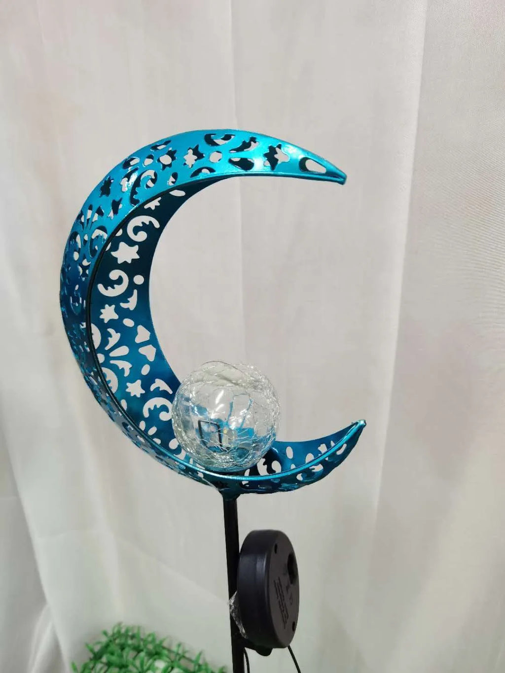 Blue glass ball solar garden light with hollow wrought iron moon pattern design