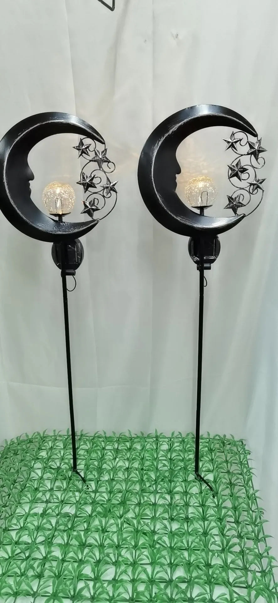 Blue glass ball solar garden light with hollow wrought iron moon pattern design