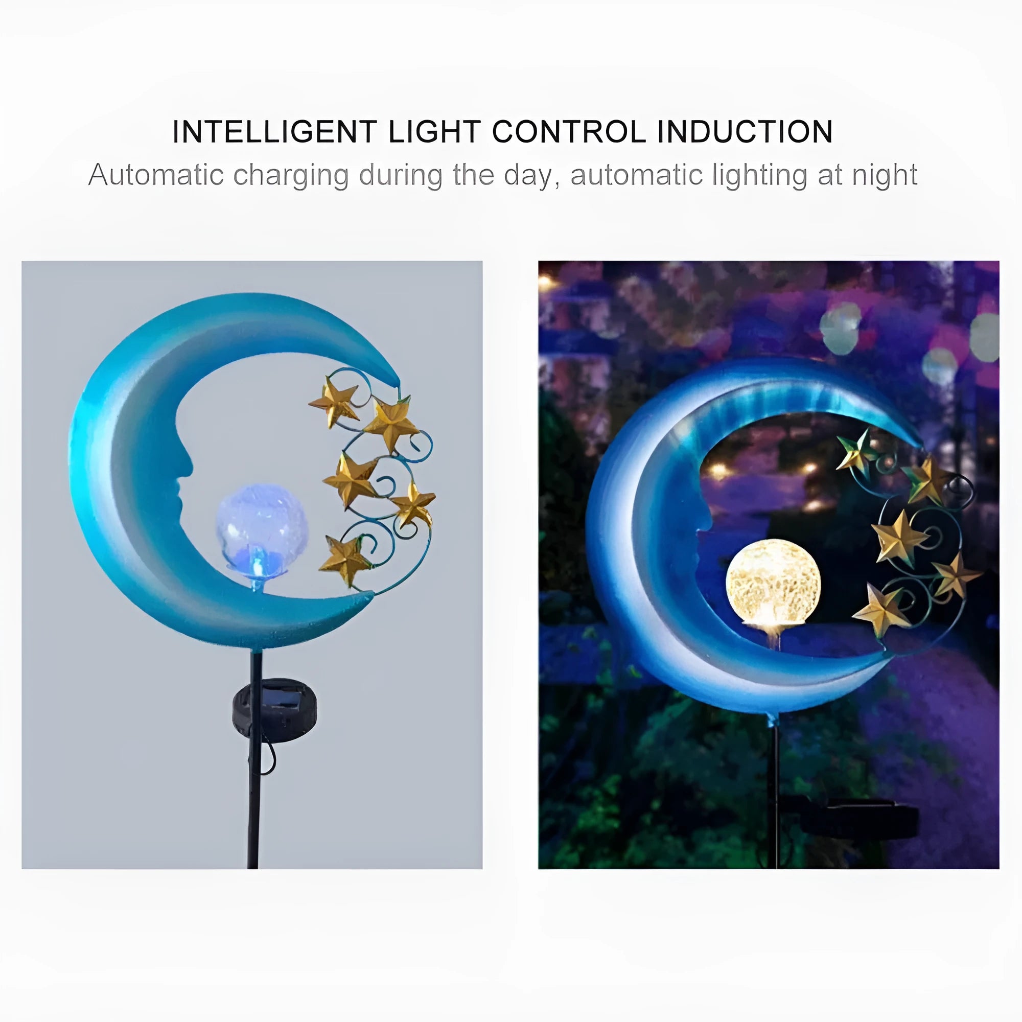 Blue glass ball solar garden light with hollow wrought iron moon pattern design