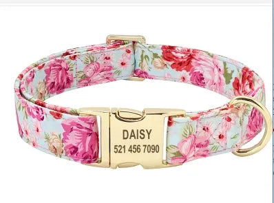 Custom engraved nylon dog collar with semi-alloy lock and D-ring, available in red, blue, and orange