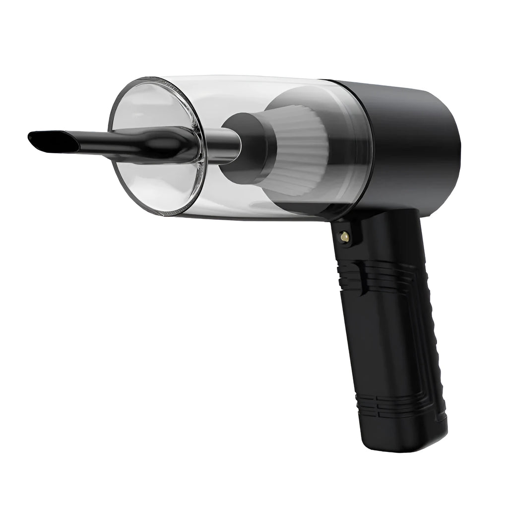Handheld black car vacuum cleaner with attachments and long cord on a car seat