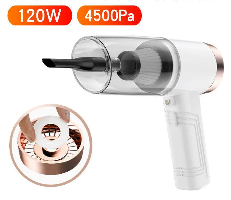 Handheld black car vacuum cleaner with attachments and long cord on a car seat