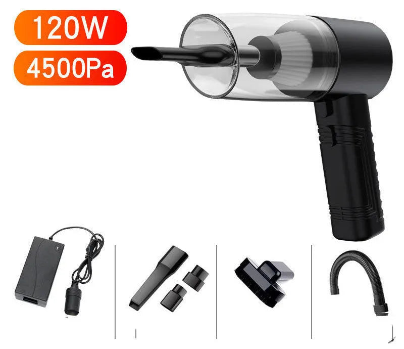 Handheld black car vacuum cleaner with attachments and long cord on a car seat