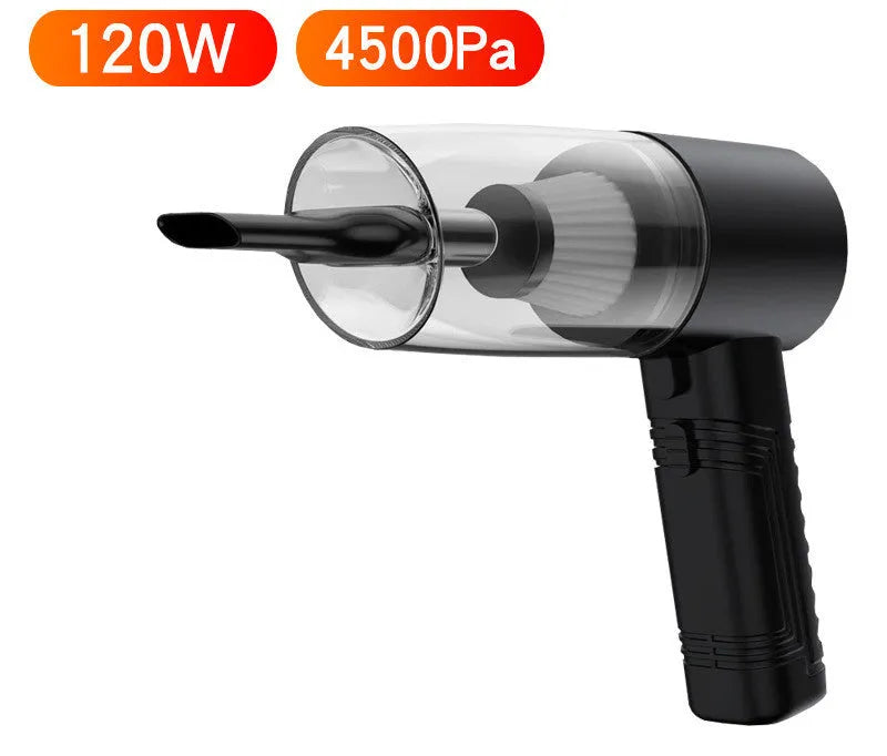 Handheld black car vacuum cleaner with attachments and long cord on a car seat
